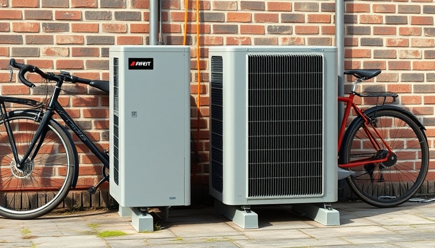 Outdoor heat pump unit near a brick wall and bicycle.