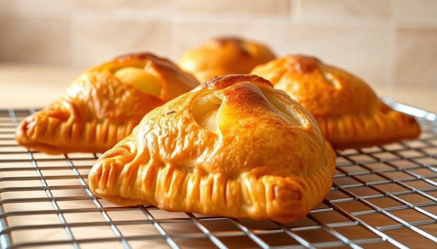 Golden apple turnovers cooling on a rack beside a rustic apple.