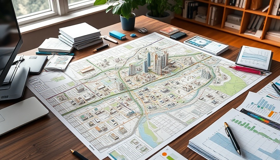 Urban planning map on desk with tools for local development plan.
