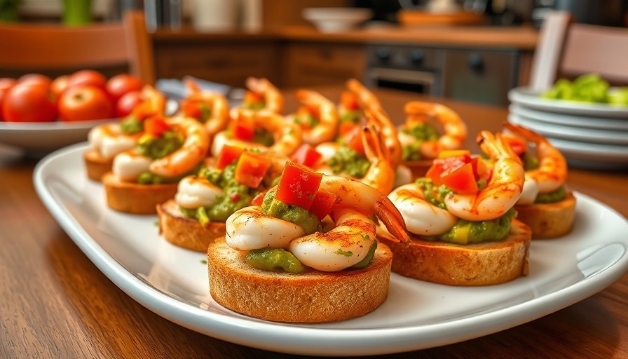 Delicious Cajun Shrimp Crostini with guacamole and tomatoes on a white platter.