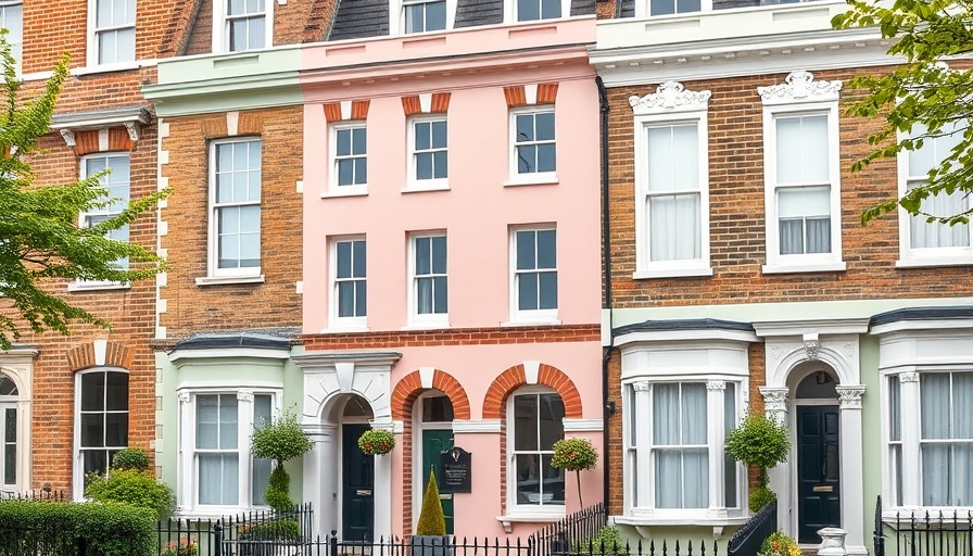 Charming UK row house exterior, highlighting classic architecture.