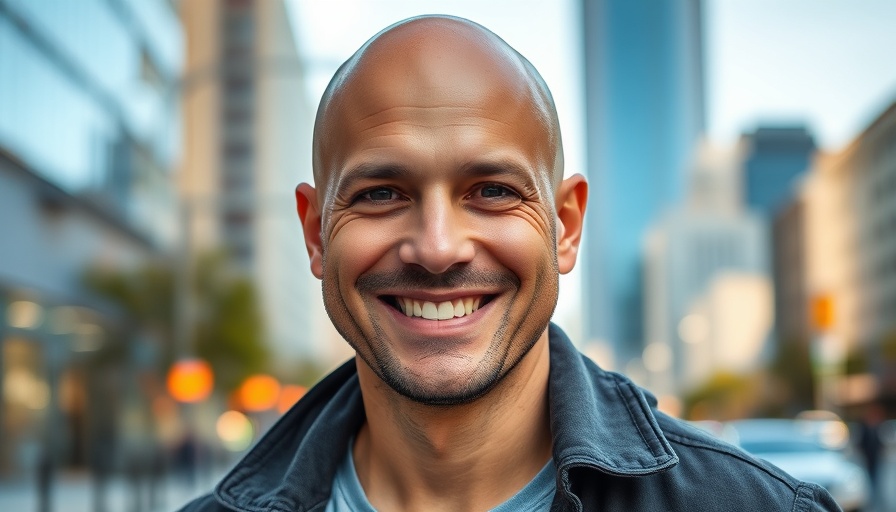Smiling man with cityscape background related to secured lending.
