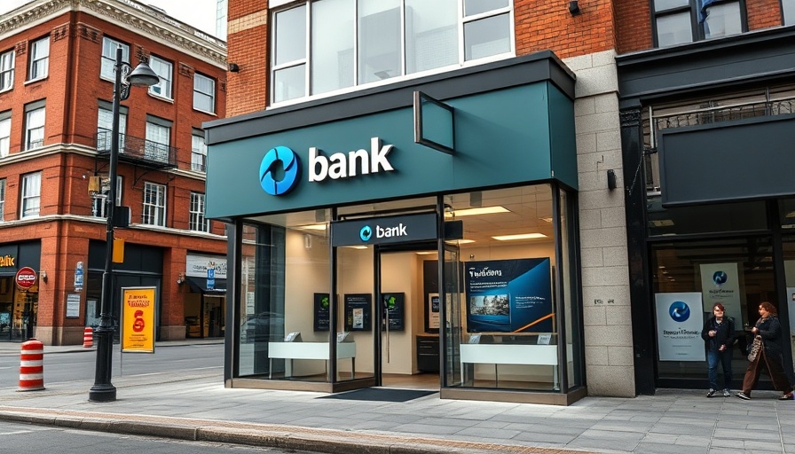 Modern bank storefront with signage related to loan information.