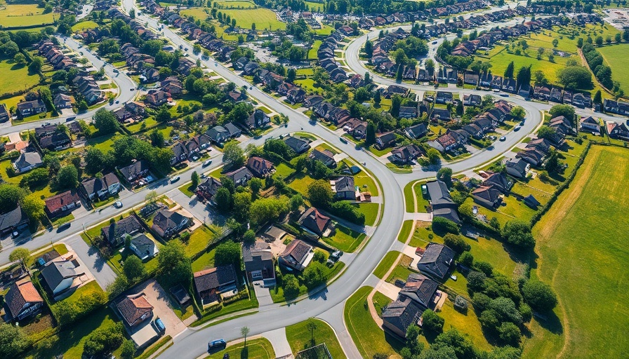 Suburban homes with EPC rating C, aerial view of green neighborhood.