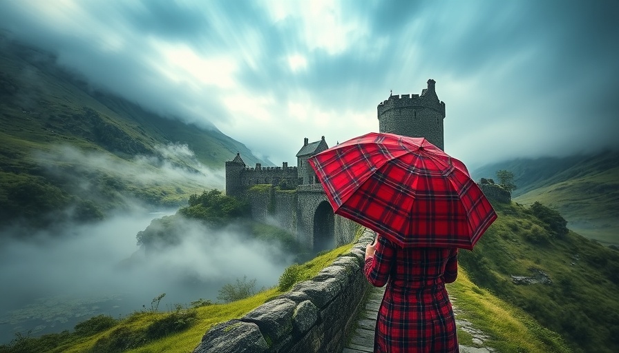 Woman with umbrella on Scottish castle bridge, moving to Scotland.