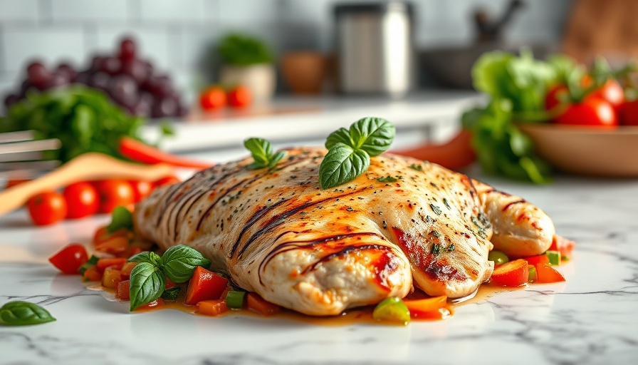 Tasty low carb chicken recipe in a skillet with fresh basil and veggies.