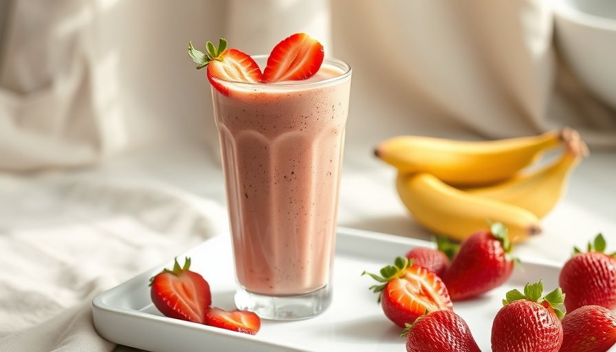 Strawberry banana almond butter smoothie with fresh strawberries.
