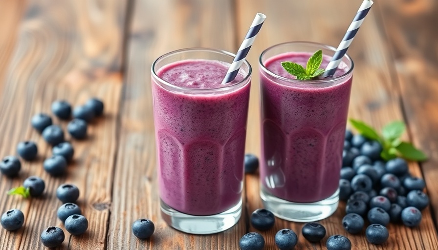 Two glasses of very blueberry smoothie on a wooden table with berries.