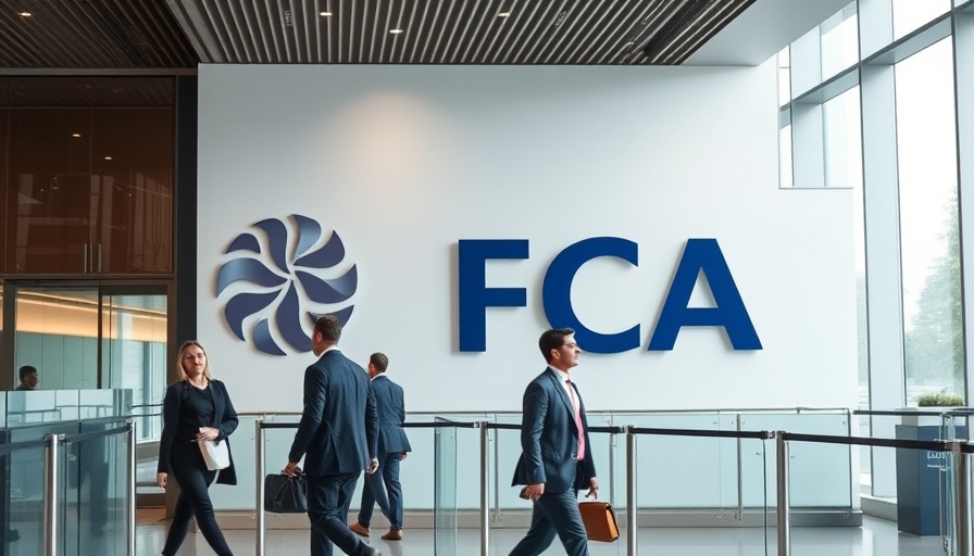 FCA office with individuals in business attire passing by in a professional setting.