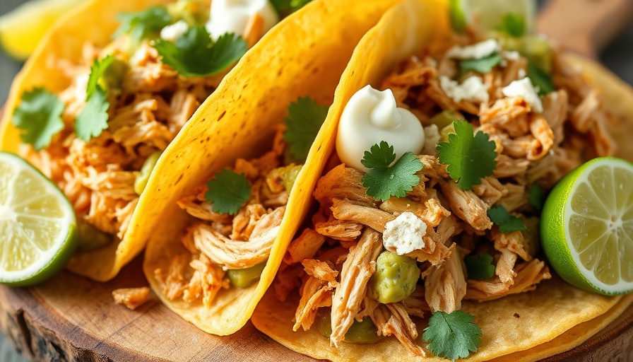 Crockpot Chicken Tacos with toppings and lime slices.
