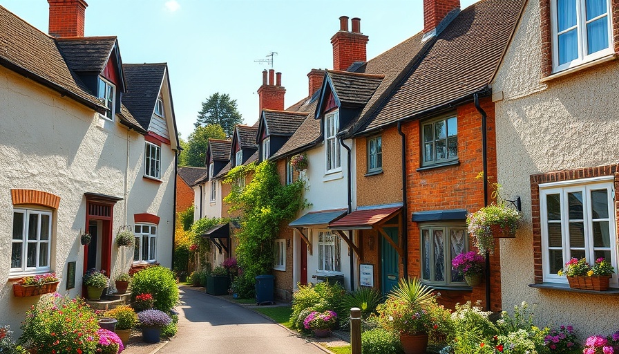 Charming English cottages on a sunny day, calm village atmosphere.