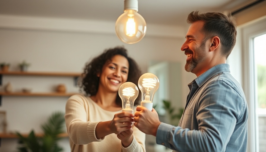 Couple changing to energy-efficient bulb at home.