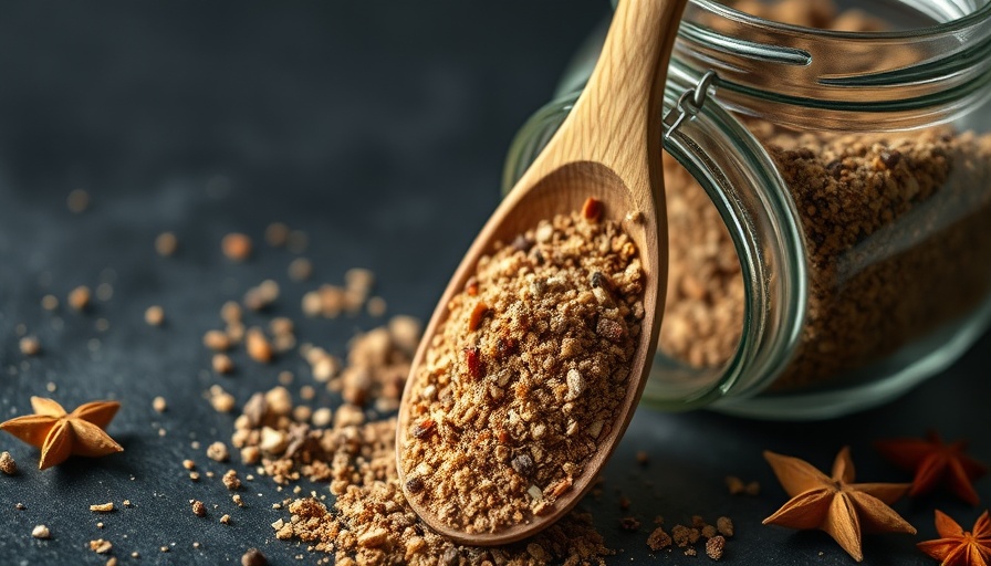 Best Hamburger Seasoning jar with spoon and scattered spices, photorealistic.