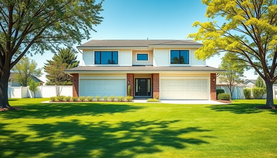 Modern houses with a double garage and lush lawn.