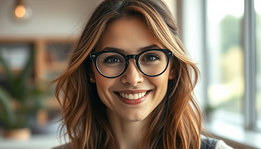 Smiling woman with round glasses indoors