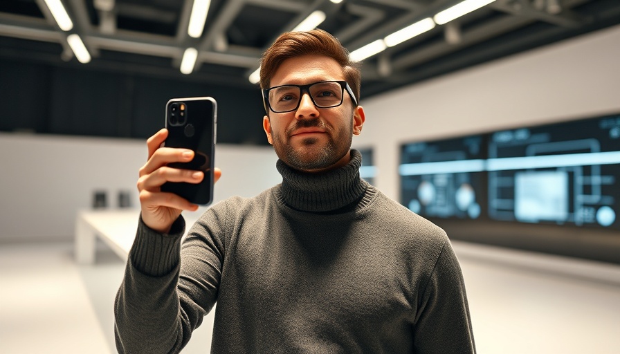 Visionary entrepreneur presenting smartphone on stage.