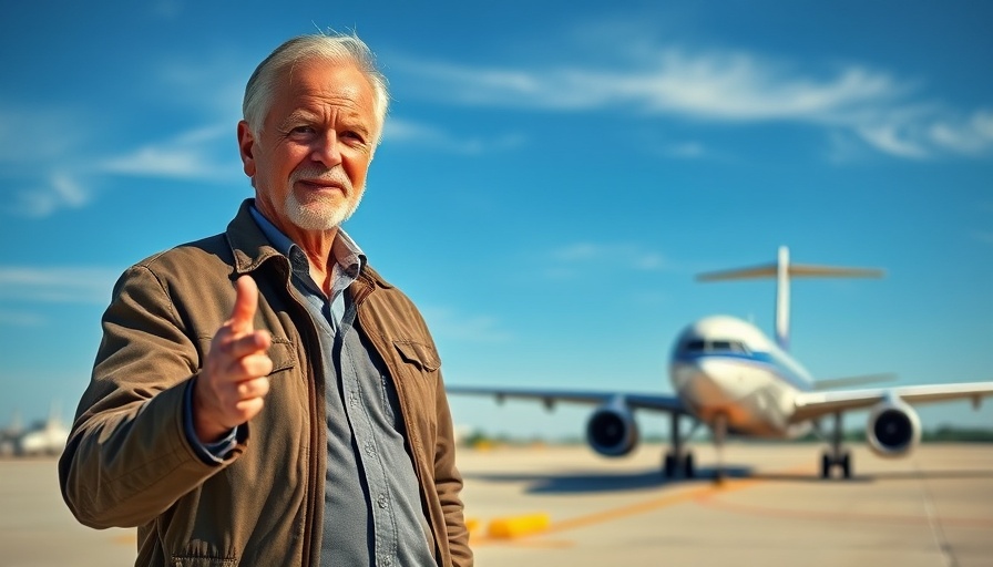 Confident older man gesturing near airplane against blue sky.