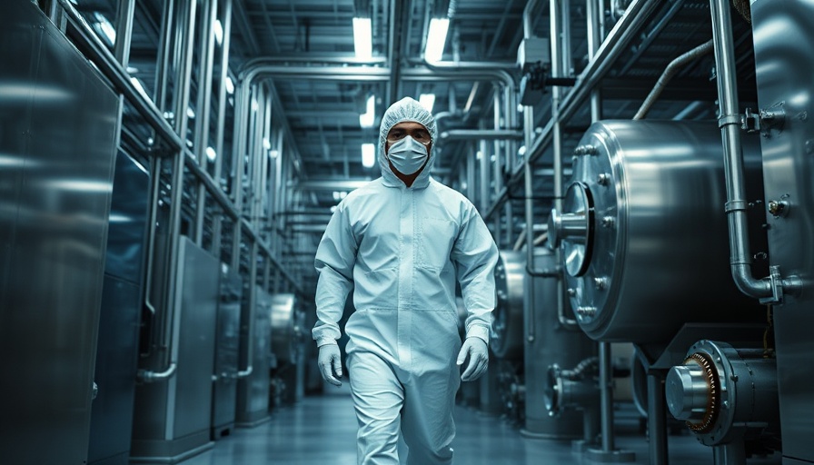 Industrial facility with worker in protective gear.