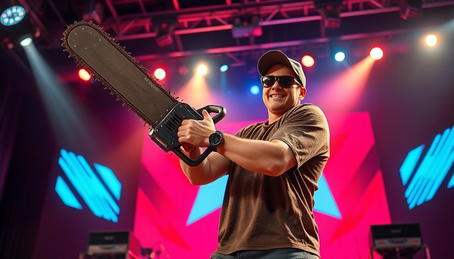 Person enthusiastically holding chainsaw under spotlights on a vibrant stage.