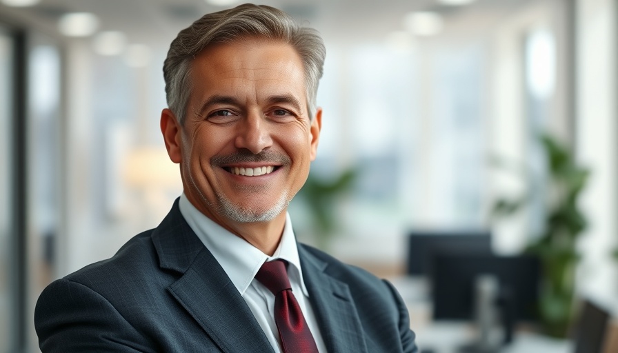 Confident man in office setting, related to UK interest rate cuts.