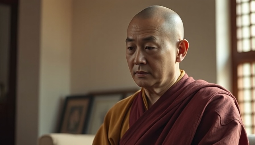 Buddhist monk talking about beliefs, serene setting.