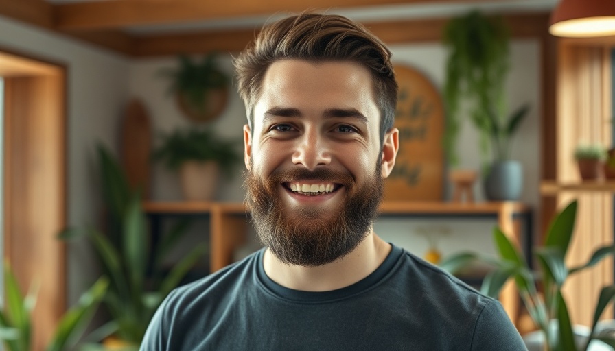 Smiling man in a casual indoor setting with plants and lights.