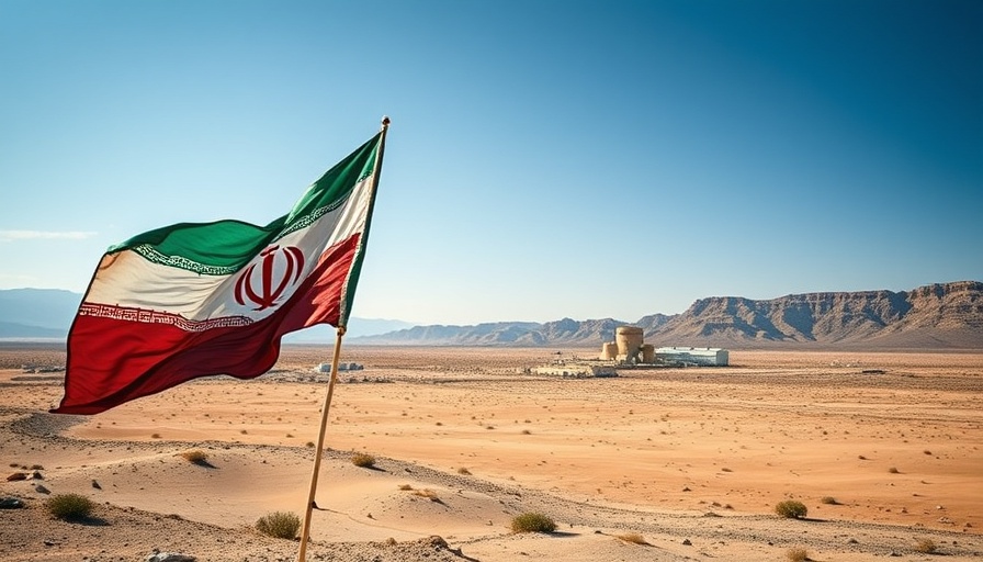 Iranian flag with desert nuclear facility backdrop, tension symbolism.