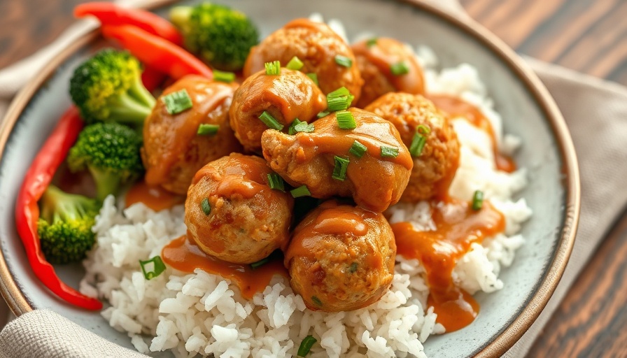Asian Chicken Meatballs with Peanut Sauce served with rice and vegetables.