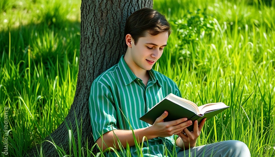 Man reading a book outdoors by a tree, Keep Reading Your Bible.