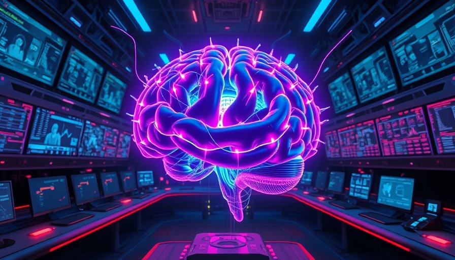 Futuristic digital brain in high-tech setting for AI agents in telecommunications.