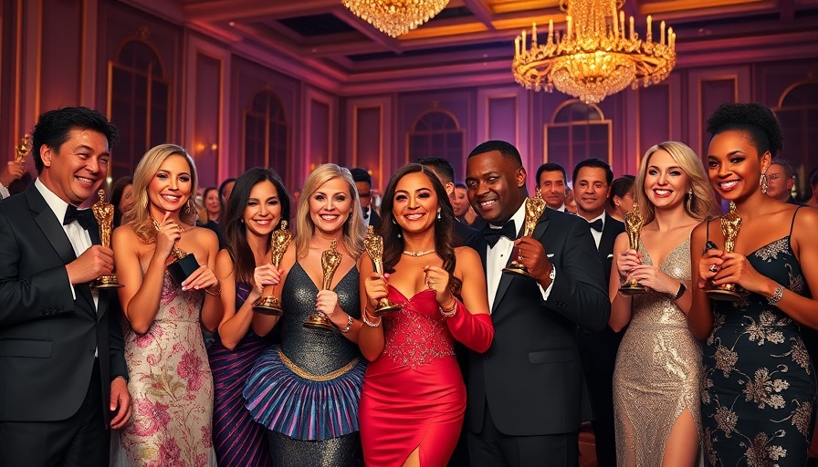 2025 Oscars Fashion: Elegant group celebrating in style with Oscar trophies.