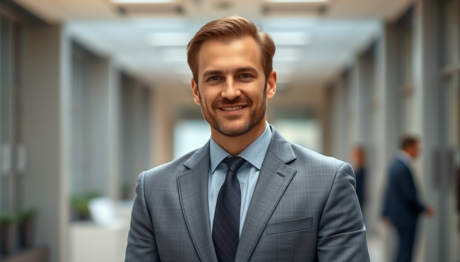Confident man in gray suit smiling indoors, Hampshire Trust Bank appointment.