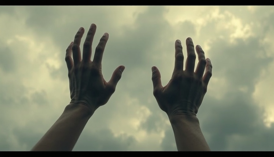 Understanding Despair concept: surreal arms in a cloudy sky.