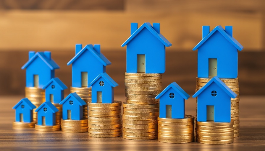 Illustration of financial growth with houses on coin stacks reflecting Rightmove revenue growth.