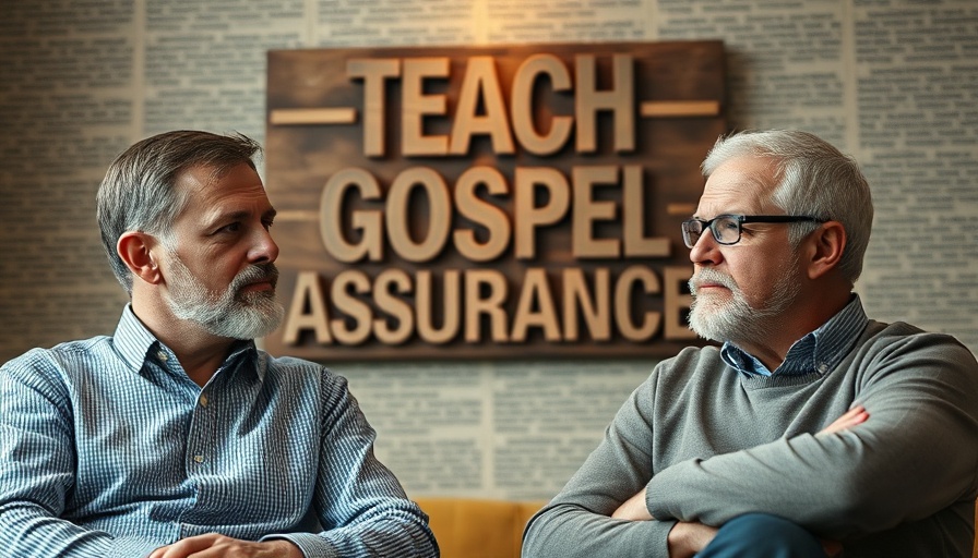 Teach Gospel Assurance discussion with two men and a wooden sign.