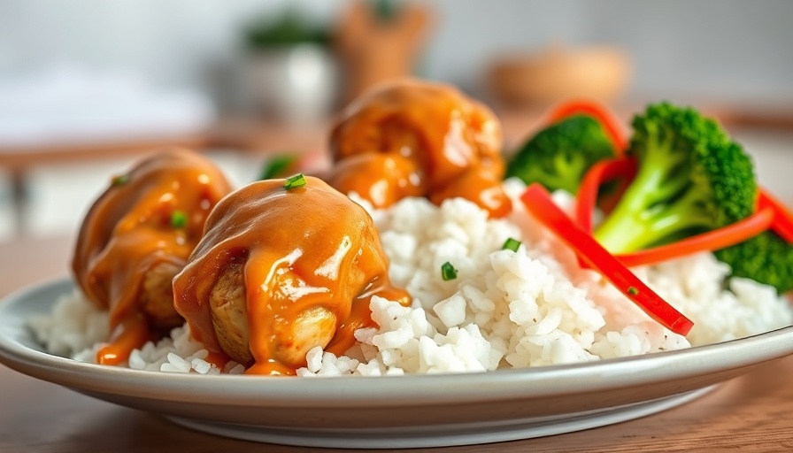 Asian chicken meatballs with peanut sauce on rice plate with vegetables.