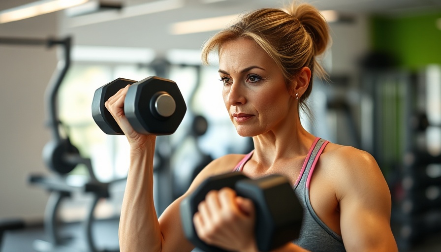 Middle-aged woman doing dumbbell exercises in the gym.