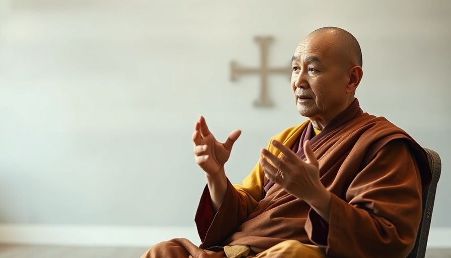Monk gesturing while talking, exploring harmony in conversation.