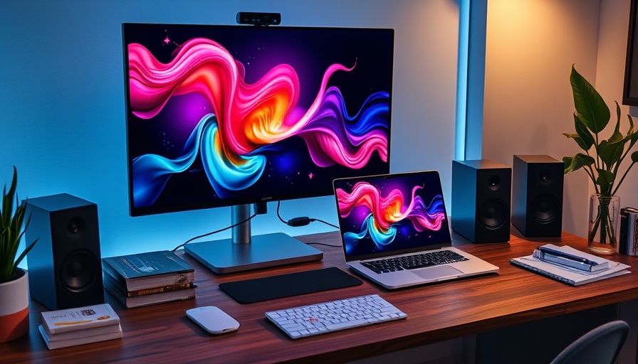 Modern desk setup with a USB-C monitor displaying vibrant graphics.