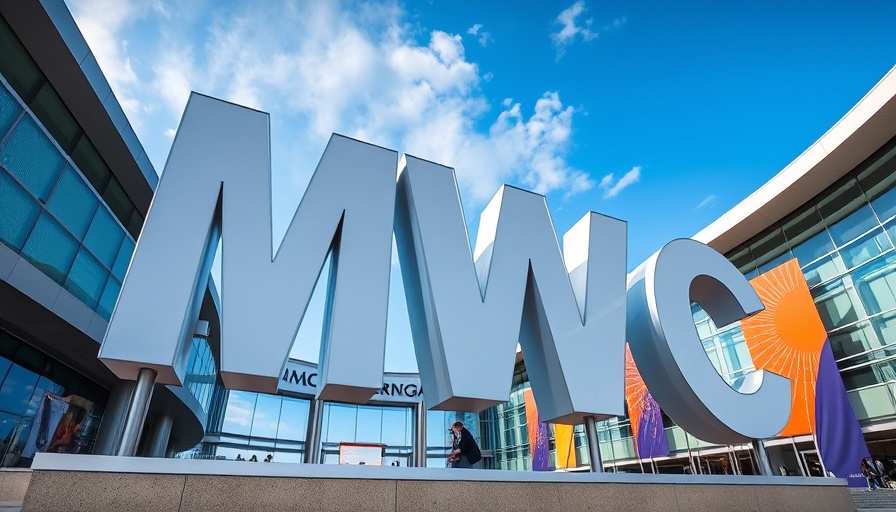 MWC entrance showcasing AI-driven networking innovations, vibrant colors.
