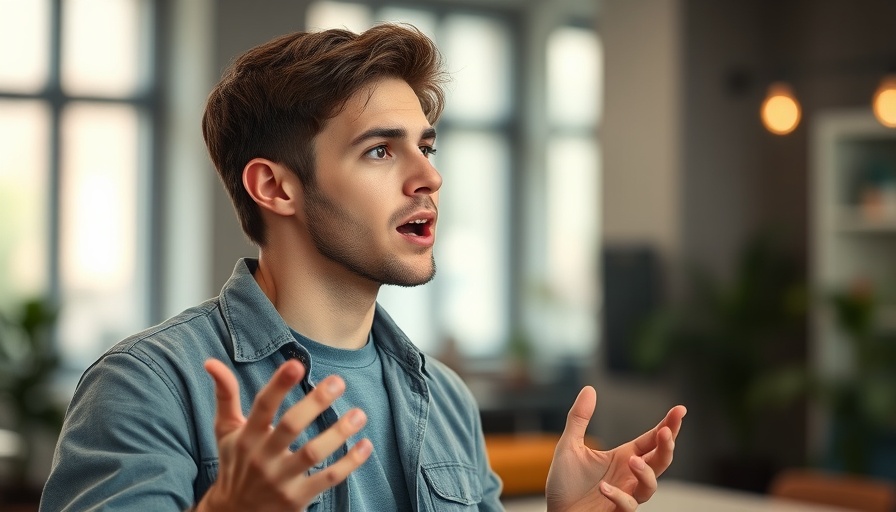 Young man speaking passionately indoors, soft lighting.
