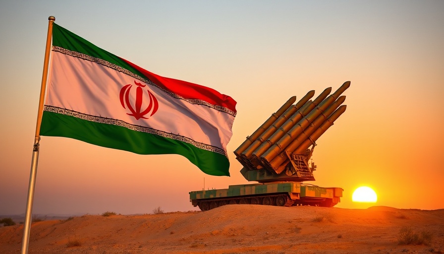 Iranian missile site with flag and launcher at sunset.