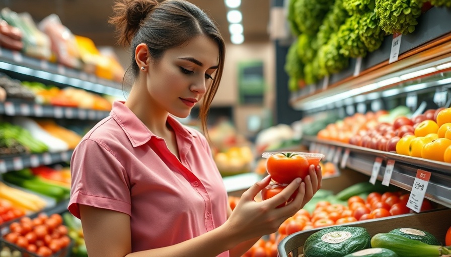 Young woman shopping for tomatoes, analyzing Trump's tariffs impact on consumers.