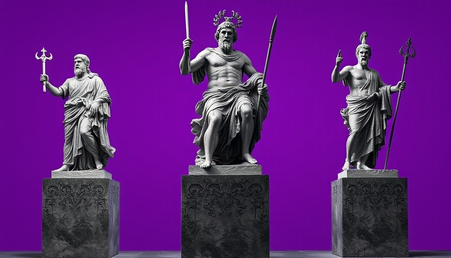 Surreal collage of Biblical Anti-Heroes statues on pedestals