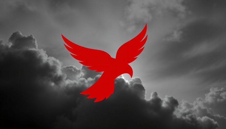 Stylized red falcon logo soaring among clouds, graphic design.