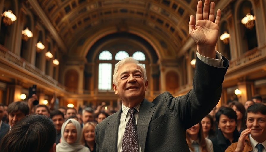 Prominent figure raising hand in formal setting, Abraham Accords theme.