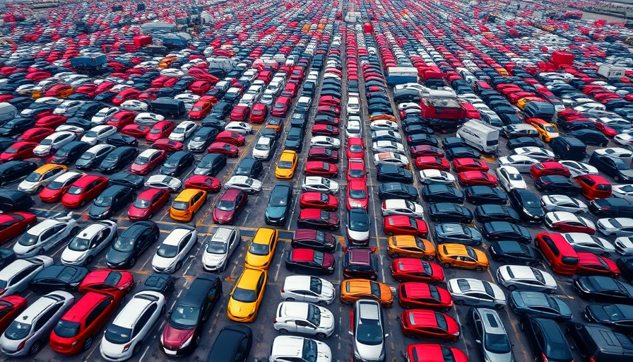 Aerial view of cars parked in rows highlighting Trump tariffs on American carmakers.