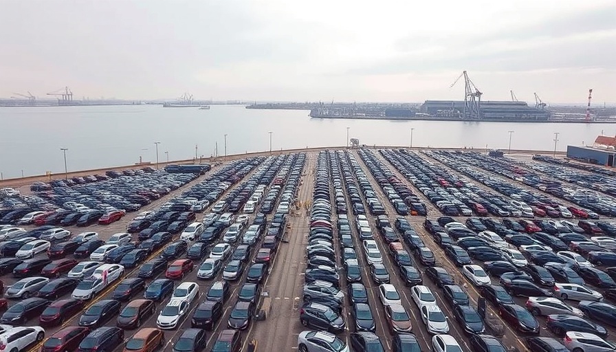 One-month tariff exemption for automakers illustrated by parked car lot near waterfront.