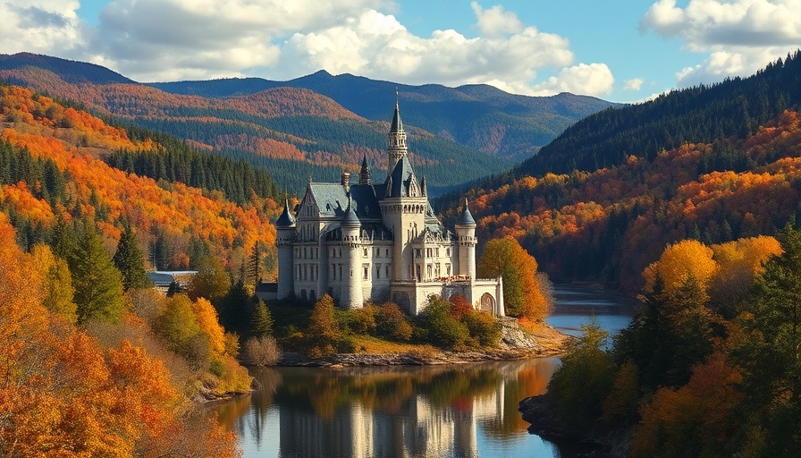 Aerial view of a majestic castle beside a river in autumn.