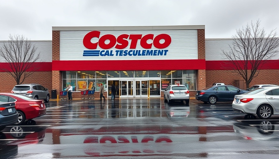 Costco storefront with shoppers and cars on a rainy day, Q2 earnings report.
